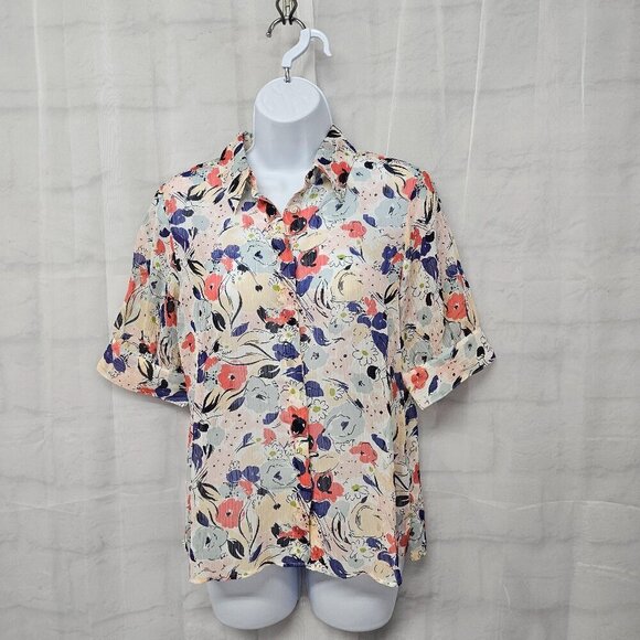 Chaps Pink Blue Floral Blouse Sheer Cottagecore Coquette Romantic M - Picture 11 of 11